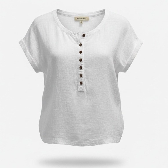 Marine Layer Tops - Marine Layer Henley Top Womens XS White Textured Cotton Gauze Short Sleeve Boho